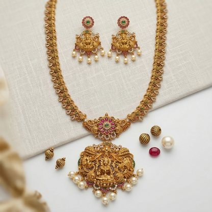 LYVVA Gold-Plated Queen Collection Temple Long Necklace Set with Multicolor Stones & Pearl Drops for Women | Bridal & Wedding Jewellery | SJ016