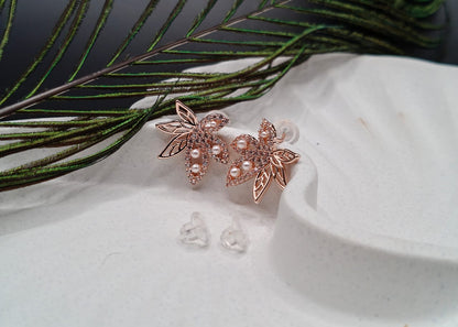 Enchanted Forest Leaf & Pearl Studs (Rose Gold)