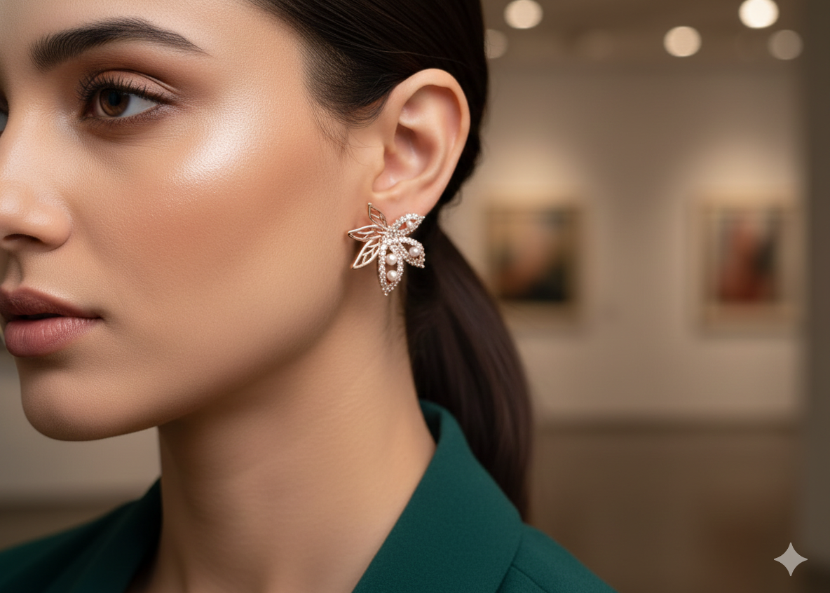 Enchanted Forest Leaf & Pearl Studs (Rose Gold)