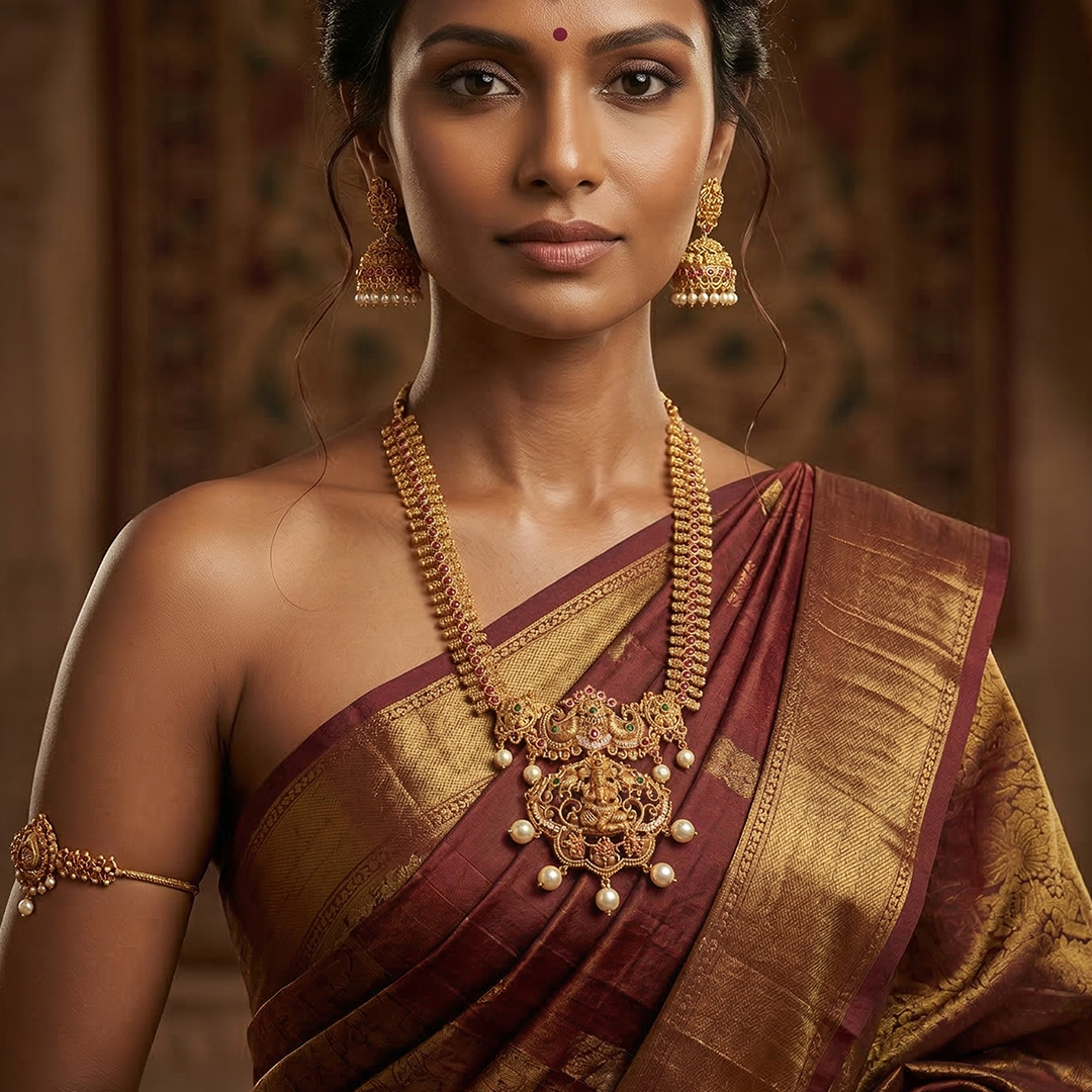 LYVVA Gold-Plated Temple Jewellery Long Necklace Set with Multicolor Stones, Pearl Drops & Jhumka Earrings for Women | Festive & Bridal Collection | SJ005