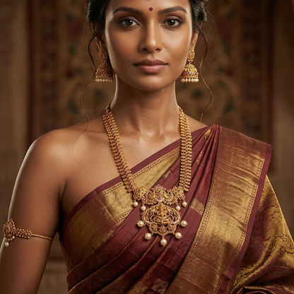 LYVVA Gold-Plated Temple Jewellery Long Necklace Set with Multicolor Stones, Pearl Drops & Jhumka Earrings for Women | Festive & Bridal Collection | SJ005