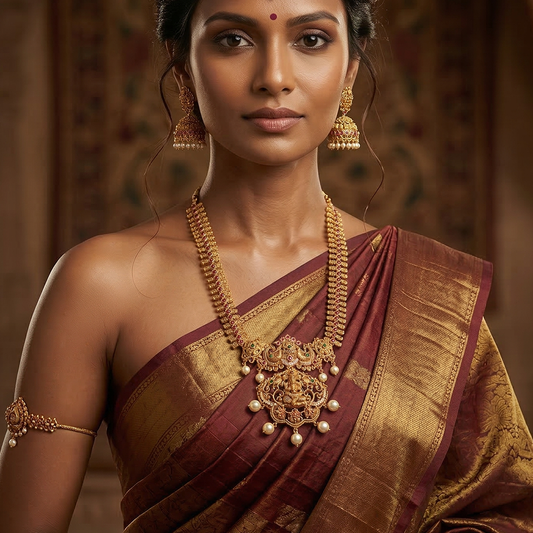 LYVVA Gold-Plated Temple Jewellery Long Necklace Set with Multicolor Stones, Pearl Drops & Jhumka Earrings for Women | Festive & Bridal Collection | SJ005