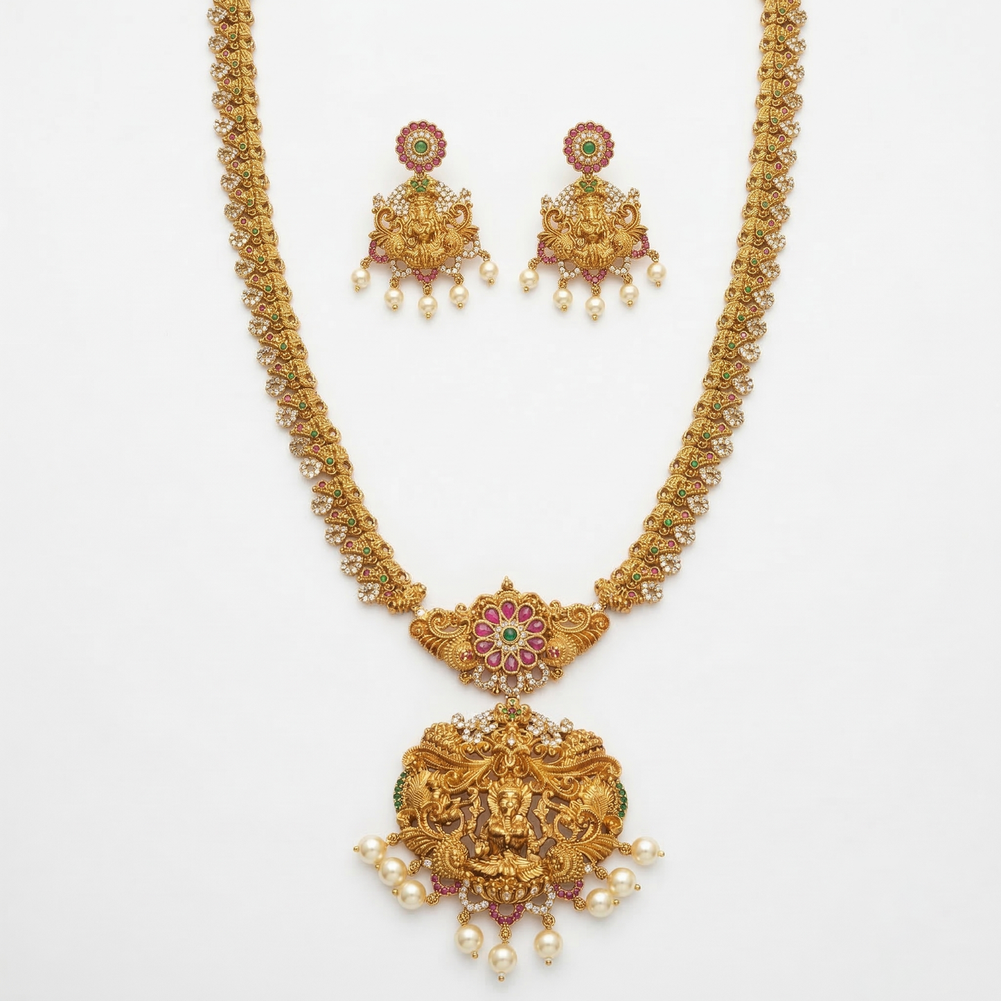 LYVVA Gold-Plated Queen Collection Temple Long Necklace Set with Multicolor Stones & Pearl Drops for Women | Bridal & Wedding Jewellery | SJ016