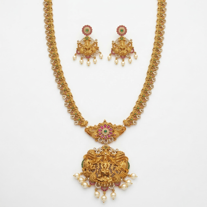 LYVVA Gold-Plated Queen Collection Temple Long Necklace Set with Multicolor Stones & Pearl Drops for Women | Bridal & Wedding Jewellery | SJ016