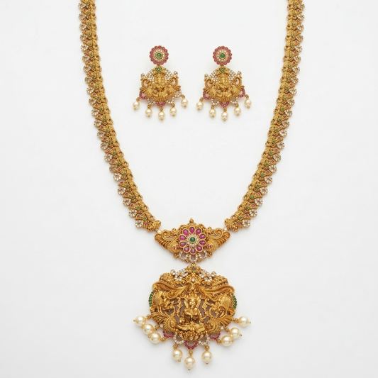 LYVVA Gold-Plated Queen Collection Temple Long Necklace Set with Multicolor Stones & Pearl Drops for Women | Bridal & Wedding Jewellery | SJ016