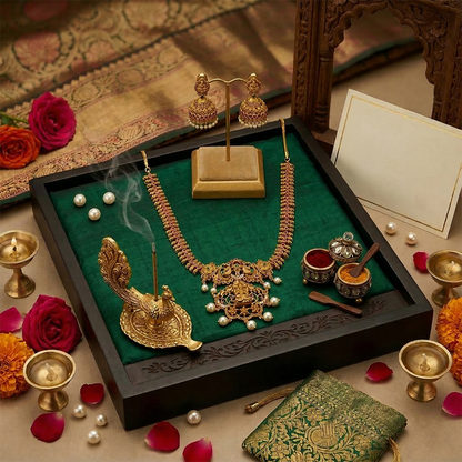 LYVVA Gold-Plated Temple Jewellery Long Necklace Set with Multicolor Stones, Pearl Drops & Jhumka Earrings for Women | Festive & Bridal Collection | SJ005
