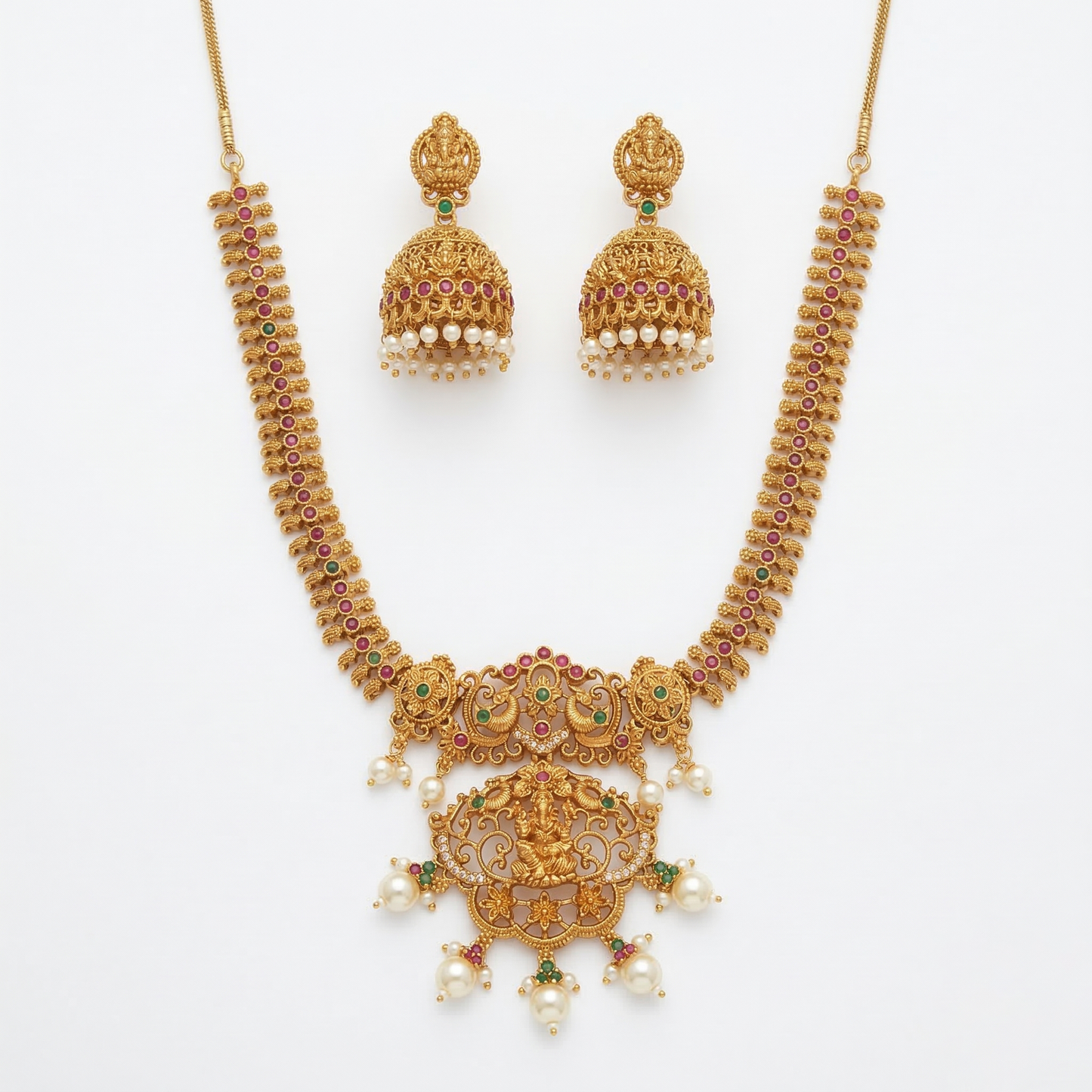 LYVVA Gold-Plated Temple Jewellery Long Necklace Set with Multicolor Stones, Pearl Drops & Jhumka Earrings for Women | Festive & Bridal Collection | SJ005