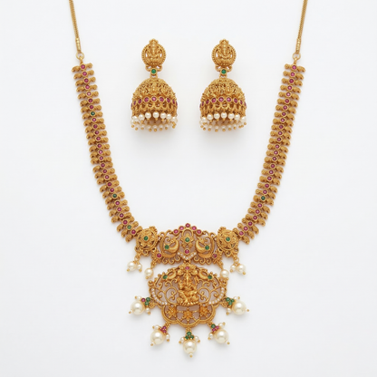 LYVVA Gold-Plated Temple Jewellery Long Necklace Set with Multicolor Stones, Pearl Drops & Jhumka Earrings for Women | Festive & Bridal Collection | SJ005