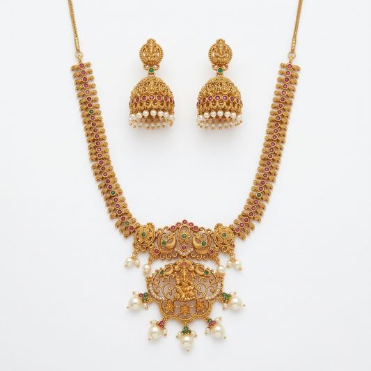 LYVVA Gold-Plated Temple Jewellery Long Necklace Set with Multicolor Stones, Pearl Drops & Jhumka Earrings for Women | Festive & Bridal Collection | SJ005