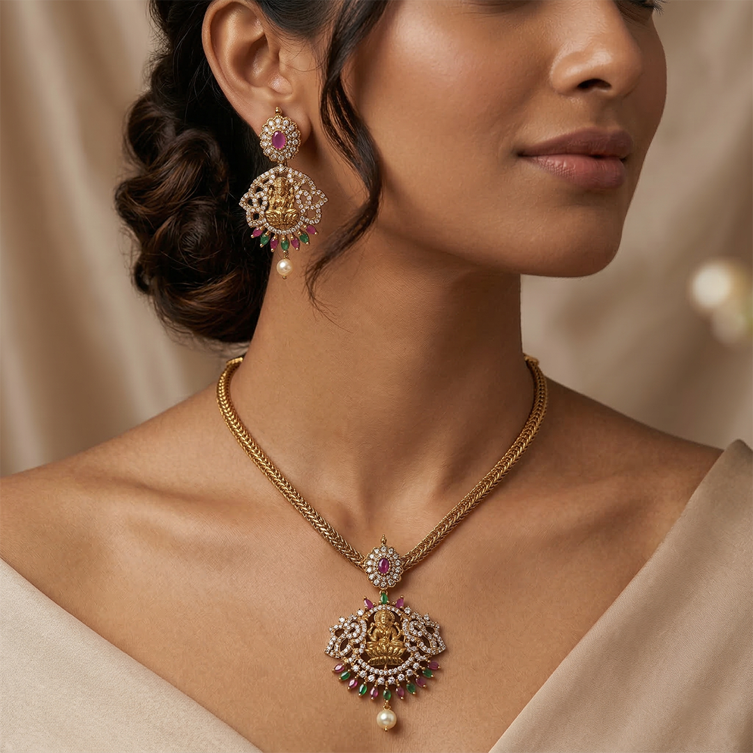 LYVVA Gold-Plated Temple Pendant Necklace Set with Multicolor Stones & Pearl Drop for Women | Festive & Bridal Collection | SJ004