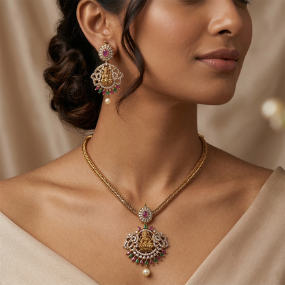 LYVVA Gold-Plated Temple Pendant Necklace Set with Multicolor Stones & Pearl Drop for Women | Festive & Bridal Collection | SJ004