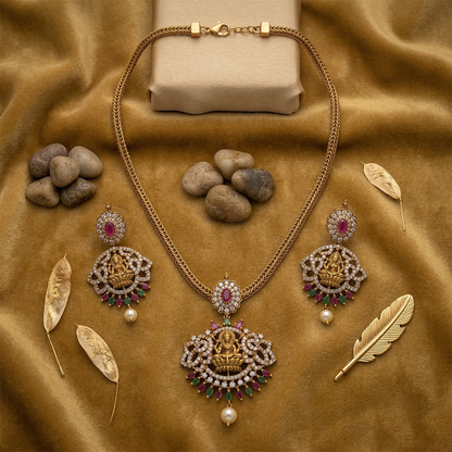 LYVVA Gold-Plated Temple Pendant Necklace Set with Multicolor Stones & Pearl Drop for Women | Festive & Bridal Collection | SJ004