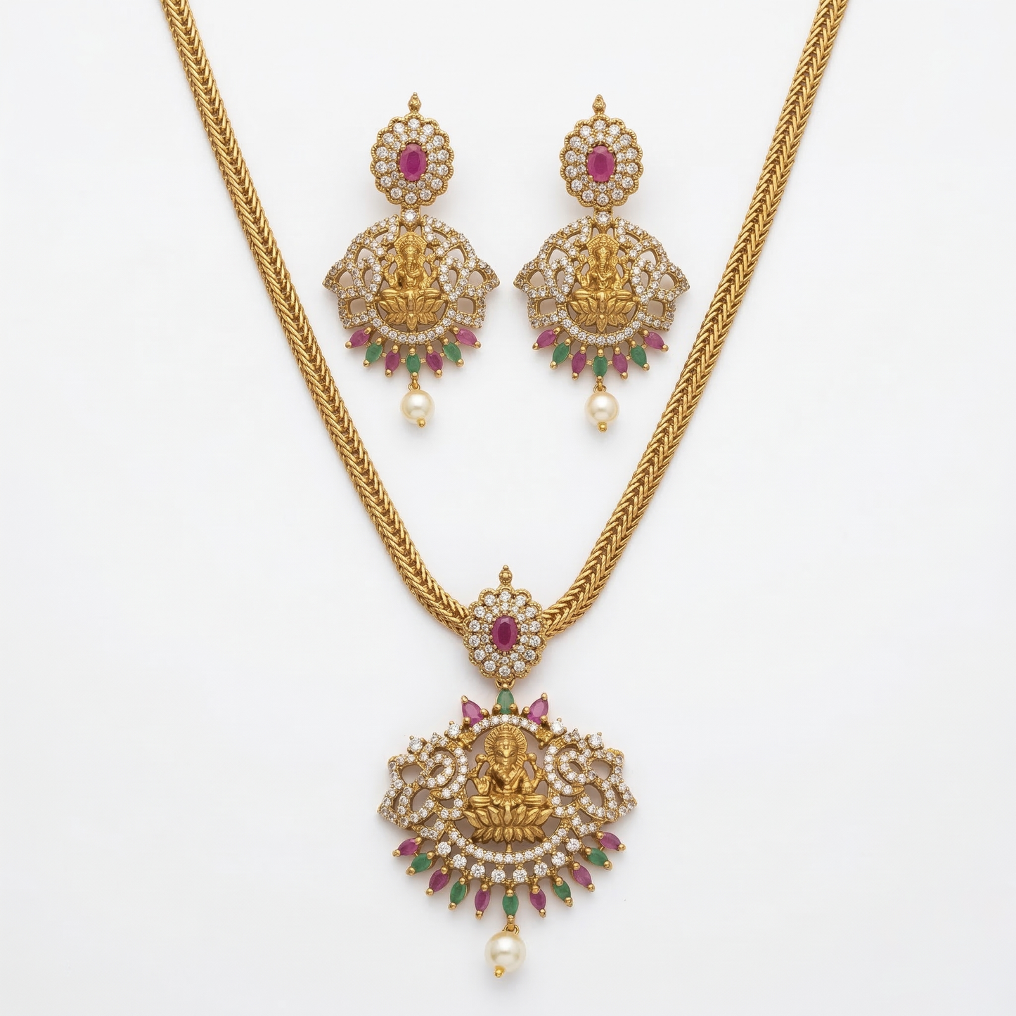 LYVVA Gold-Plated Temple Pendant Necklace Set with Multicolor Stones & Pearl Drop for Women | Festive & Bridal Collection | SJ004
