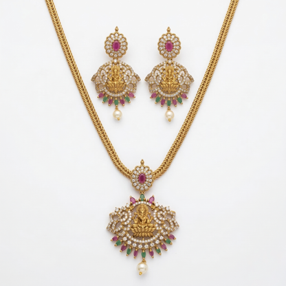 LYVVA Gold-Plated Temple Pendant Necklace Set with Multicolor Stones & Pearl Drop for Women | Festive & Bridal Collection | SJ004