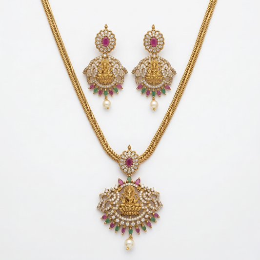 LYVVA Gold-Plated Temple Pendant Necklace Set with Multicolor Stones & Pearl Drop for Women | Festive & Bridal Collection | SJ004