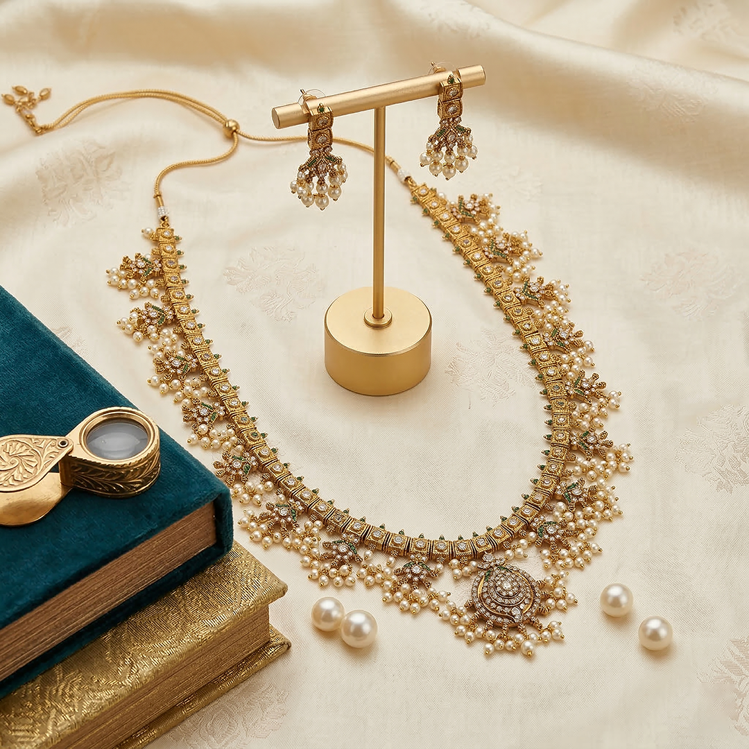 LYVVA Gold-Plated Queen Collection Bridal Choker Necklace Set with Pearl Layers & Stone Work for Women | Heavy Wedding Jewellery | SJ017