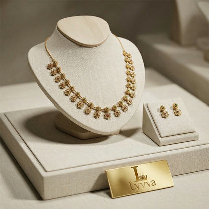 LYVVA Gold-Plated Floral Necklace Set for Women | Lightweight Festive & Daily Wear Jewellery with Multicolor Stones | SJ024