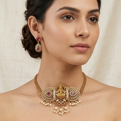 Gold-Plated Traditional Choker Necklace Set with Ruby Stone & Pearl Drops for Women | Bridal & Festive Jewellery | SJ001