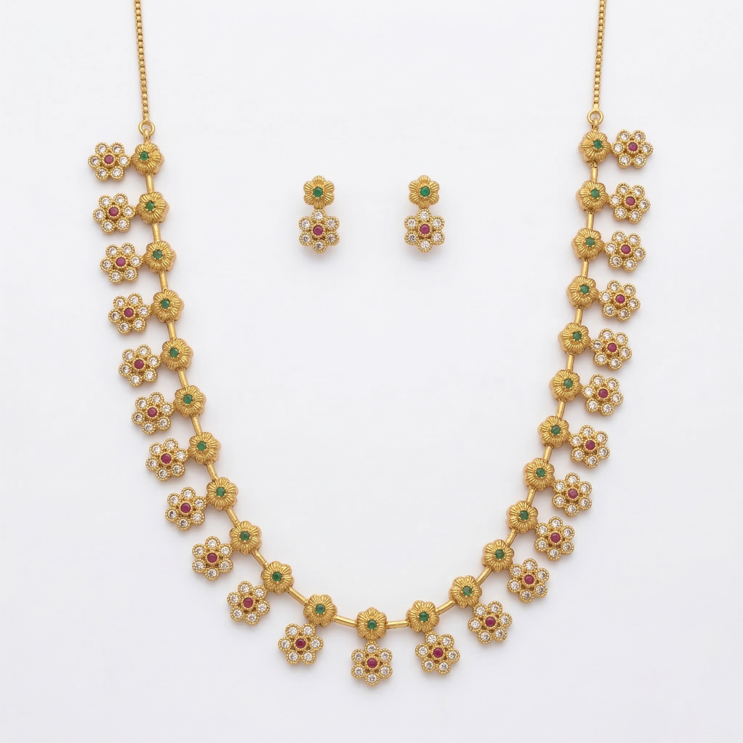 LYVVA Gold-Plated Floral Necklace Set for Women | Lightweight Festive & Daily Wear Jewellery with Multicolor Stones | SJ024