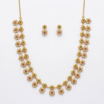 LYVVA Gold-Plated Floral Necklace Set for Women | Lightweight Festive & Daily Wear Jewellery with Multicolor Stones | SJ024