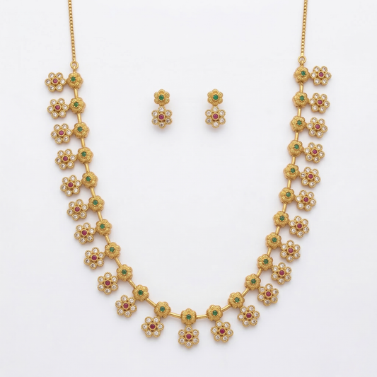 LYVVA Gold-Plated Floral Necklace Set for Women | Lightweight Festive & Daily Wear Jewellery with Multicolor Stones | SJ024