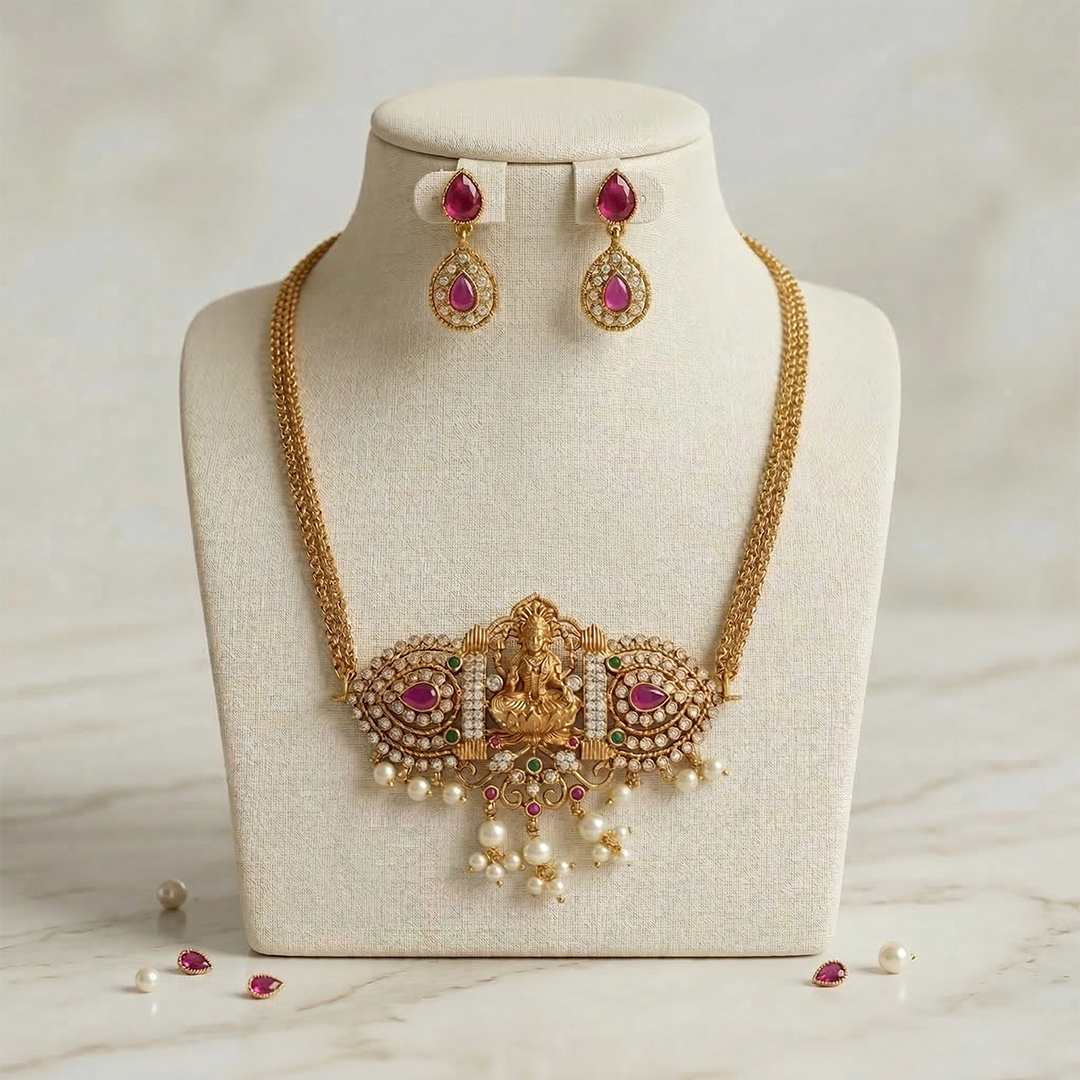 Gold-Plated Traditional Choker Necklace Set with Ruby Stone & Pearl Drops for Women | Bridal & Festive Jewellery | SJ001