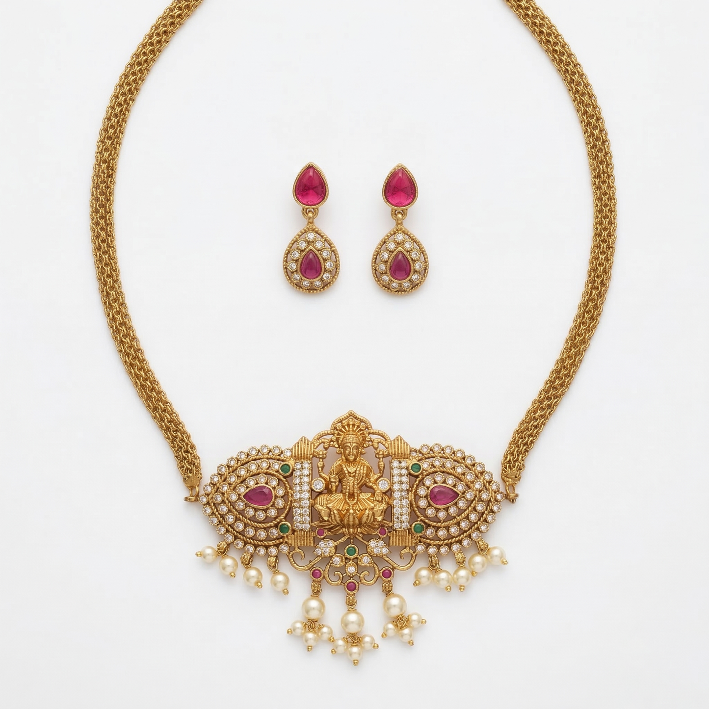 Gold-Plated Traditional Choker Necklace Set with Ruby Stone & Pearl Drops for Women | Bridal & Festive Jewellery | SJ001