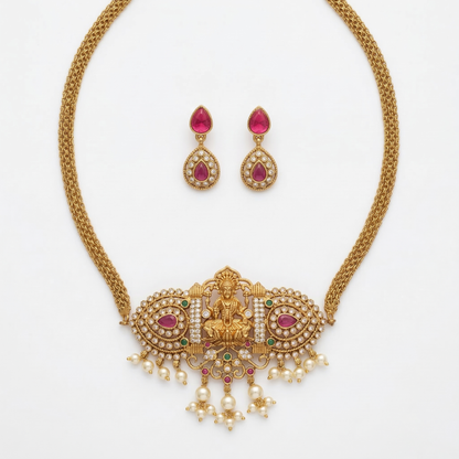 Gold-Plated Traditional Choker Necklace Set with Ruby Stone & Pearl Drops for Women | Bridal & Festive Jewellery | SJ001