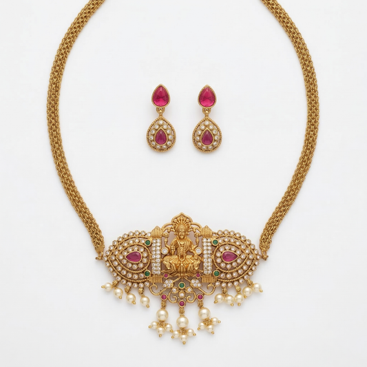 Gold-Plated Traditional Choker Necklace Set with Ruby Stone & Pearl Drops for Women | Bridal & Festive Jewellery | SJ001