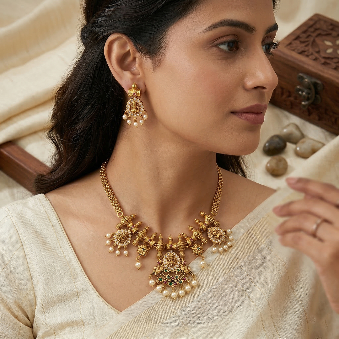 LYVVA Gold-Plated Temple Design Choker Necklace Set with Pearl Drops & Multicolor Stones for Women | Bridal & Festive Jewellery | SJ002
