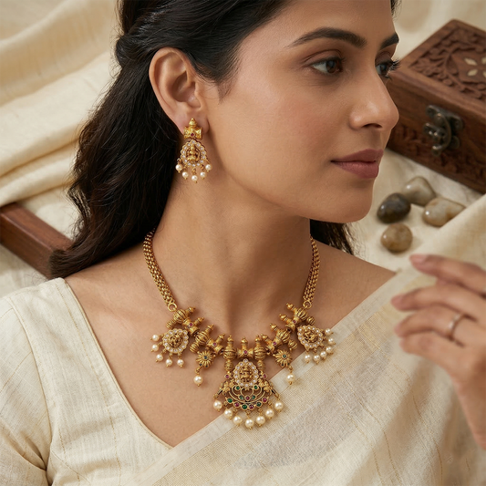 LYVVA Gold-Plated Temple Design Choker Necklace Set with Pearl Drops & Multicolor Stones for Women | Bridal & Festive Jewellery | SJ002