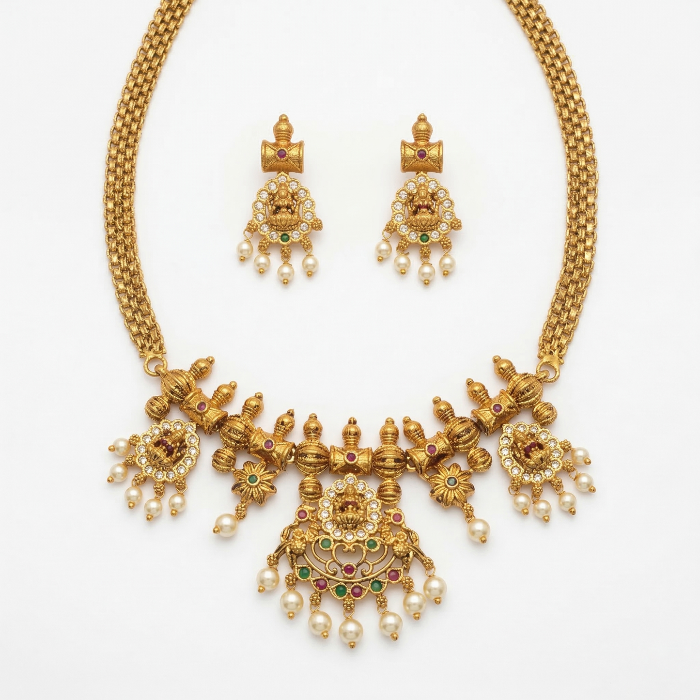 LYVVA Gold-Plated Temple Design Choker Necklace Set with Pearl Drops & Multicolor Stones for Women | Bridal & Festive Jewellery | SJ002