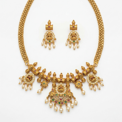 LYVVA Gold-Plated Temple Design Choker Necklace Set with Pearl Drops & Multicolor Stones for Women | Bridal & Festive Jewellery | SJ002