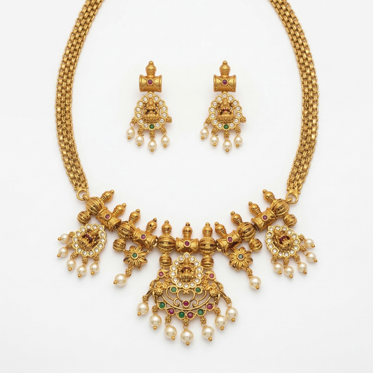LYVVA Gold-Plated Temple Design Choker Necklace Set with Pearl Drops & Multicolor Stones for Women | Bridal & Festive Jewellery | SJ002