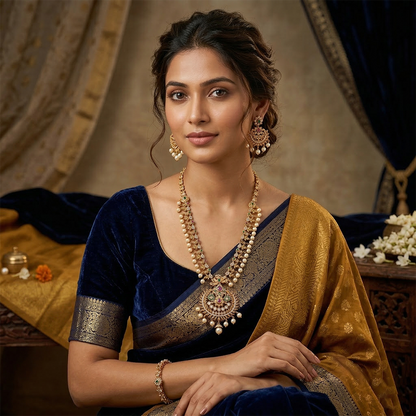 LYVVA Gold-Plated Queen Collection Temple Long Necklace Set with Multicolor Stones & Pearl Drops for Women | Bridal & Festive Jewellery | SJ015