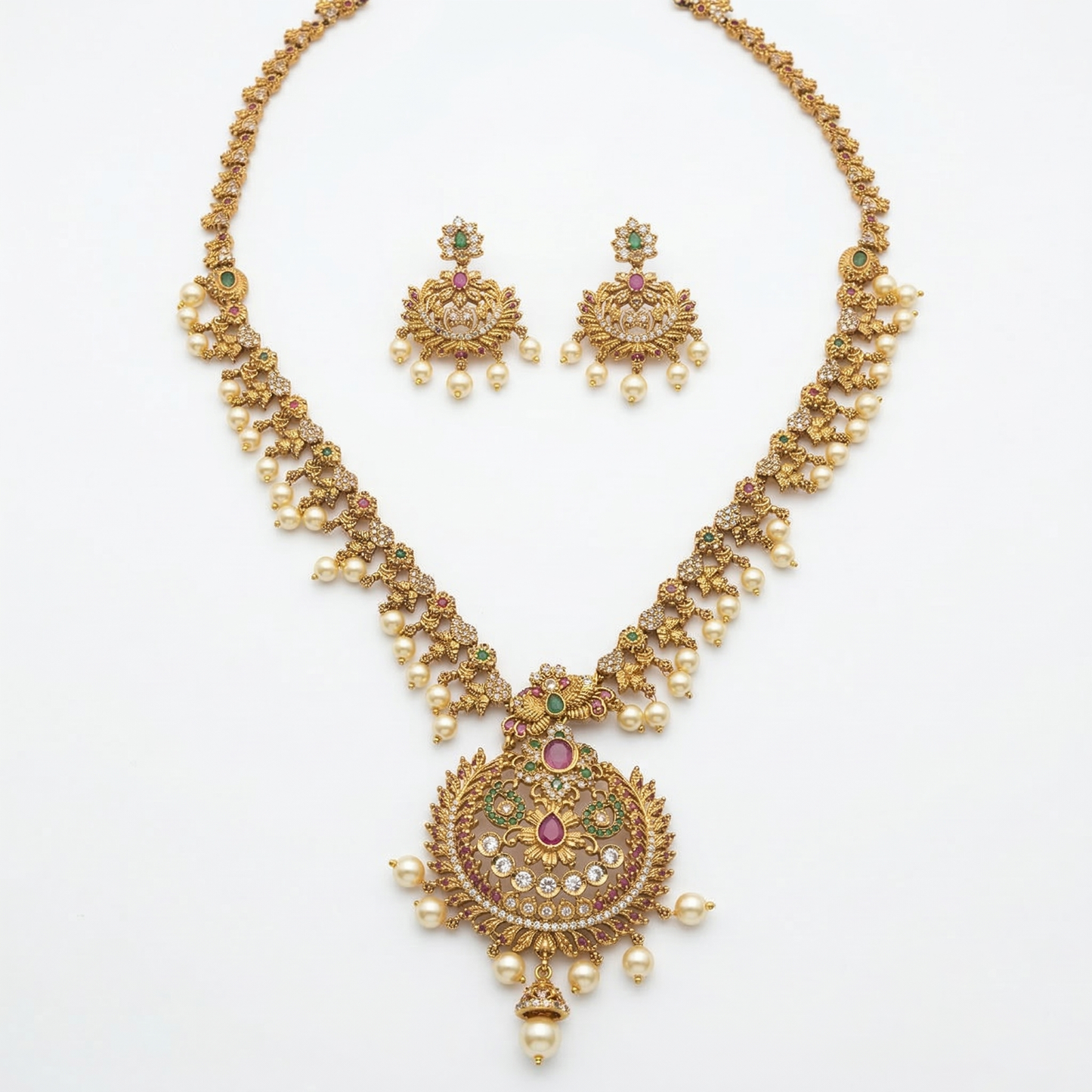 LYVVA Gold-Plated Queen Collection Temple Long Necklace Set with Multicolor Stones & Pearl Drops for Women | Bridal & Festive Jewellery | SJ015