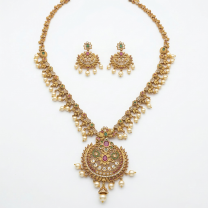LYVVA Gold-Plated Queen Collection Temple Long Necklace Set with Multicolor Stones & Pearl Drops for Women | Bridal & Festive Jewellery | SJ015