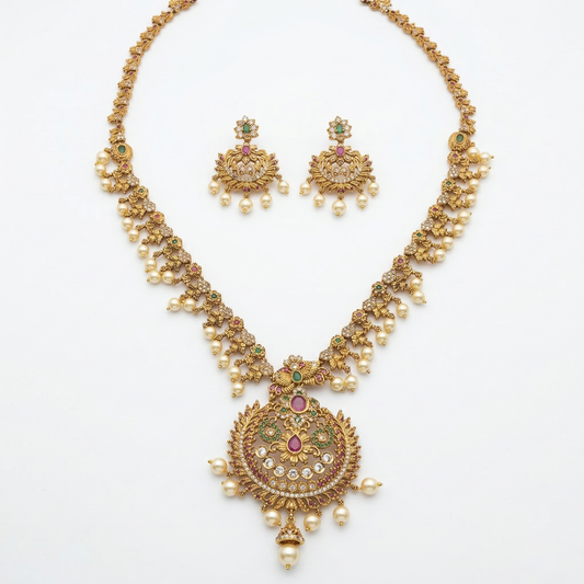 LYVVA Gold-Plated Queen Collection Temple Long Necklace Set with Multicolor Stones & Pearl Drops for Women | Bridal & Festive Jewellery | SJ015