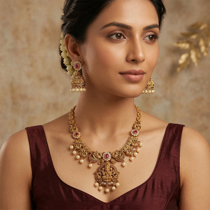LYVVA Gold-Plated Temple Choker Necklace Set with Ruby Stones, Pearl Drops & Jhumka Earrings for Women | Festive & Bridal Collection | SJ007