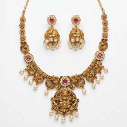 LYVVA Gold-Plated Temple Choker Necklace Set with Ruby Stones, Pearl Drops & Jhumka Earrings for Women | Festive & Bridal Collection | SJ007
