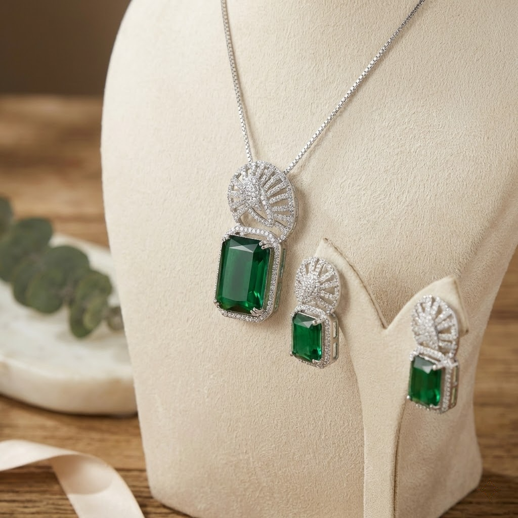 LYVVA | Green Crystal Pendant Necklace Set for Women | Party & Wedding Jewellery