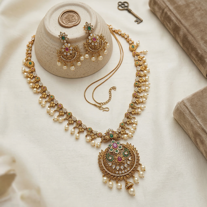 LYVVA Gold-Plated Queen Collection Long Necklace Set with Multicolor Stones & Pearl Drops for Women | Bridal & Wedding Jewellery | SJ013
