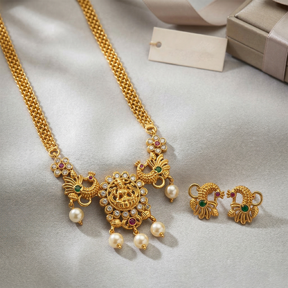 LYVVA Gold-Plated Temple Choker Necklace Set with Multicolor Stones & Pearl Drops for Women | Lightweight Festive Jewellery | SJ011