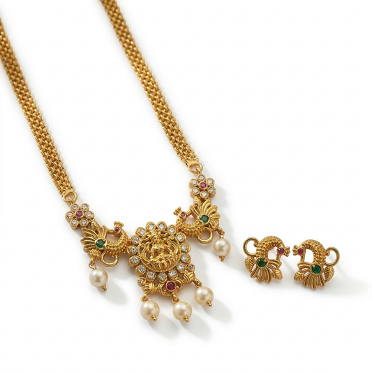 LYVVA Gold-Plated Temple Choker Necklace Set with Multicolor Stones & Pearl Drops for Women | Lightweight Festive Jewellery | SJ011