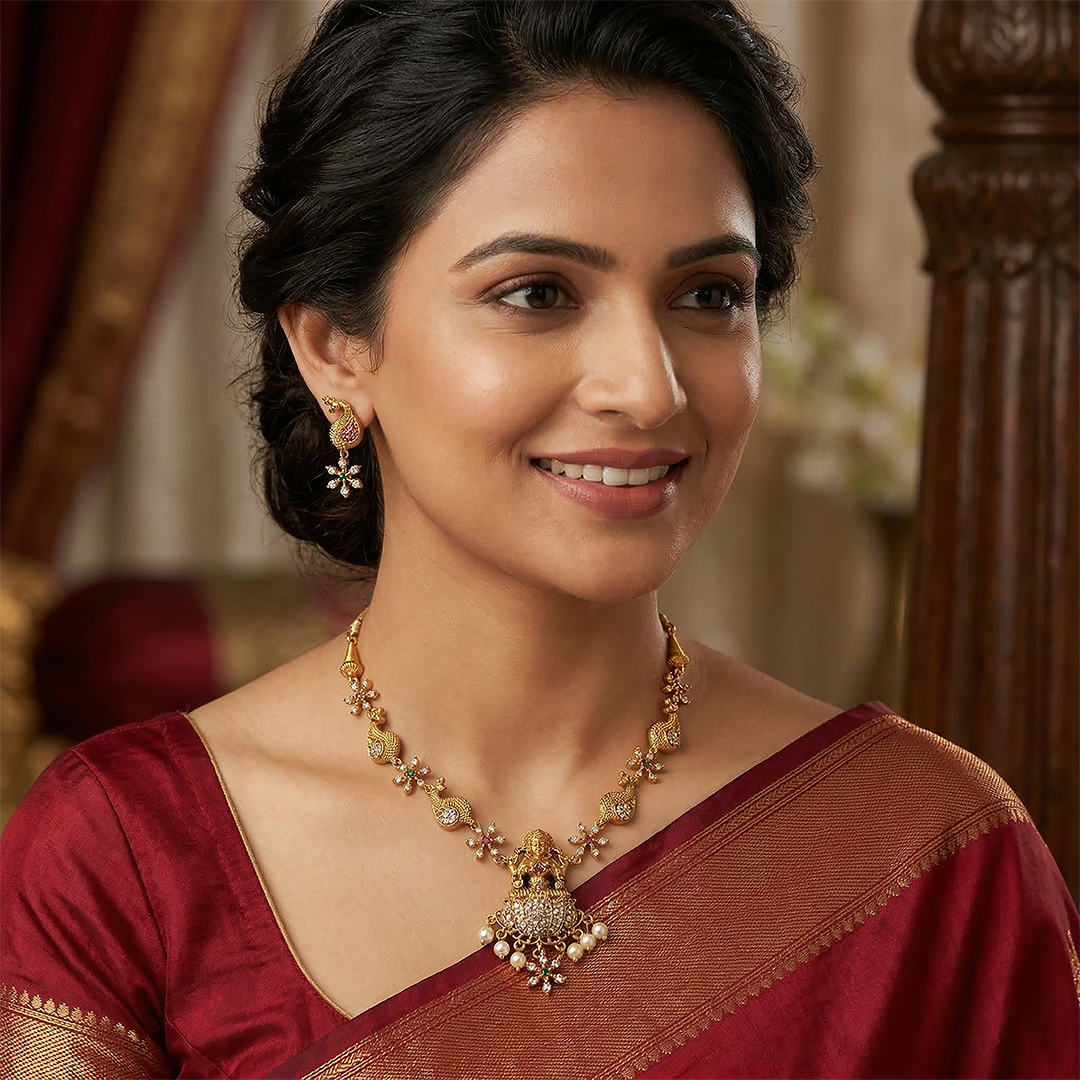 LYVVA Gold-Plated Temple Pendant Necklace Set with Multicolor Stones & Pearl Drops for Women | Lightweight Festive Jewellery | SJ006
