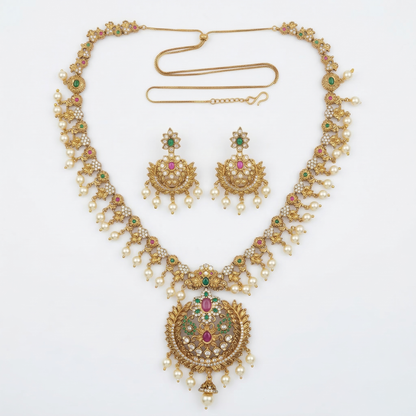 LYVVA Gold-Plated Queen Collection Long Necklace Set with Multicolor Stones & Pearl Drops for Women | Bridal & Wedding Jewellery | SJ013