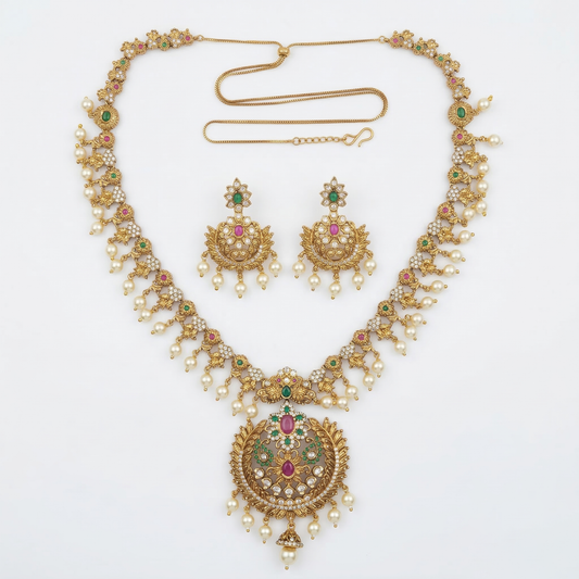 LYVVA Gold-Plated Queen Collection Long Necklace Set with Multicolor Stones & Pearl Drops for Women | Bridal & Wedding Jewellery | SJ013