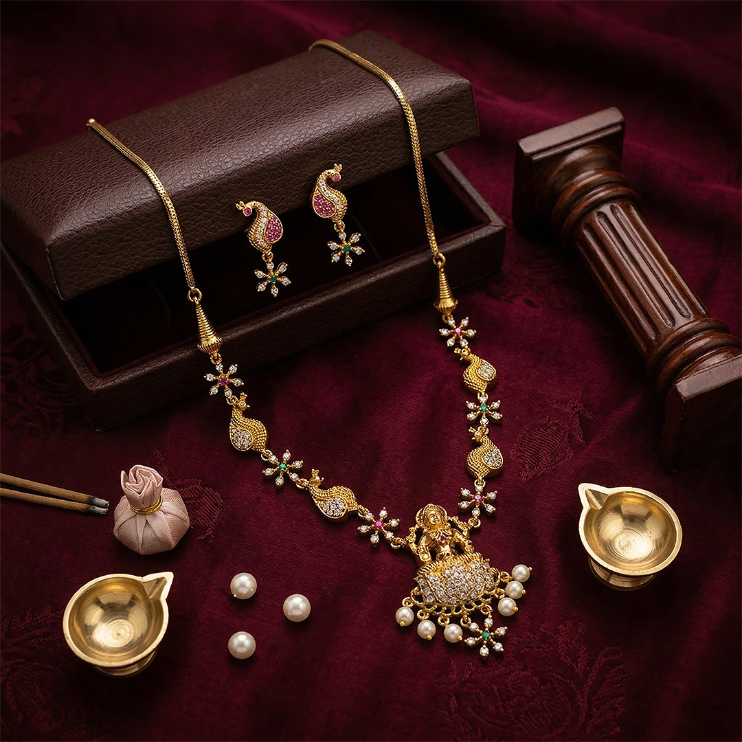 LYVVA Gold-Plated Temple Pendant Necklace Set with Multicolor Stones & Pearl Drops for Women | Lightweight Festive Jewellery | SJ006