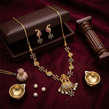 LYVVA Gold-Plated Temple Pendant Necklace Set with Multicolor Stones & Pearl Drops for Women | Lightweight Festive Jewellery | SJ006