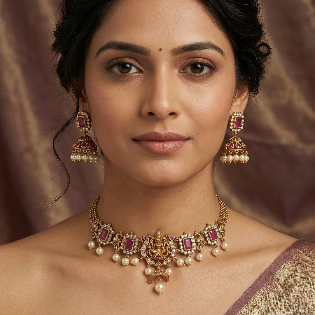 LYVVA Gold-Plated Temple Choker Necklace Set with Ruby Stones & Pearl Drops for Women | Festive & Bridal Jewellery | SJ018